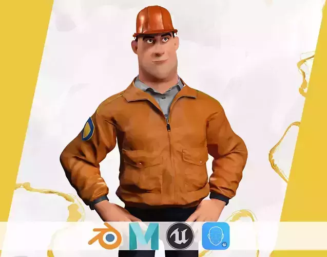 Cartoon Construction Worker in Jacket Worker with Hard Hat Low-poly 3D model