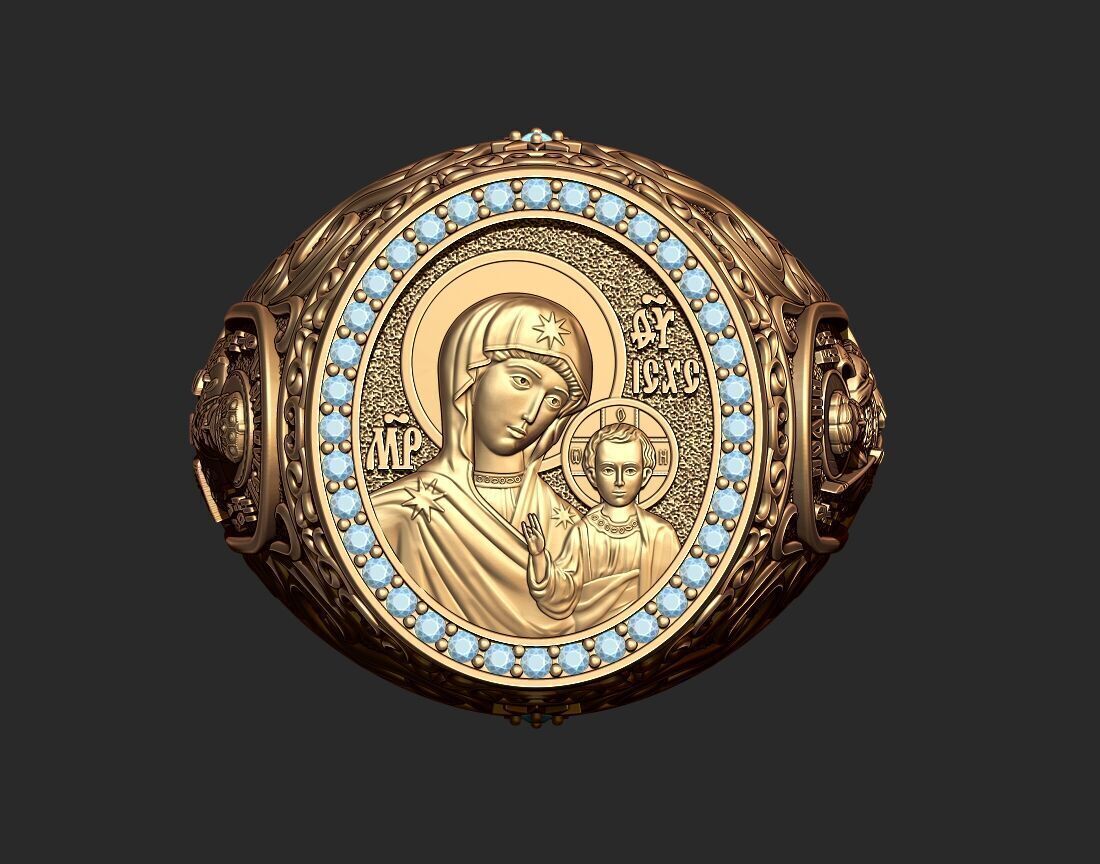 A MAN S RING WITH THE IMAGE OF THE VIRGIN 3D print model_6