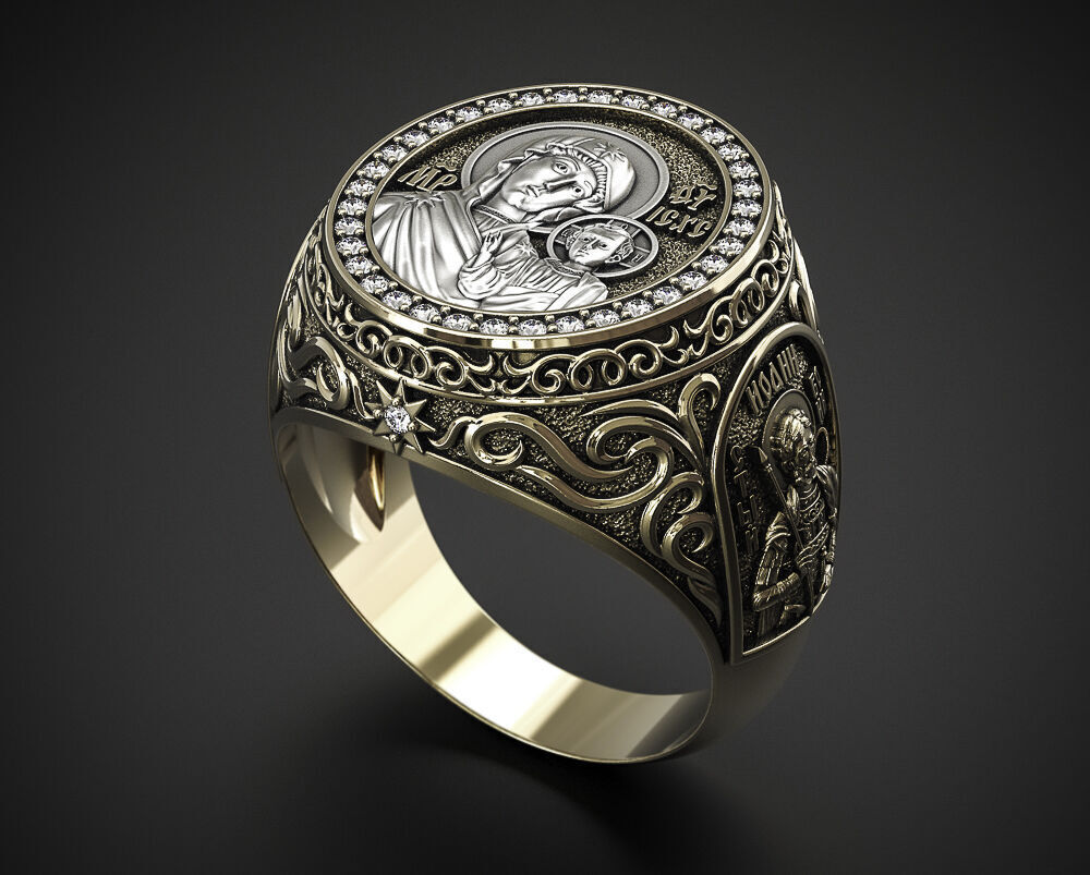 A MAN S RING WITH THE IMAGE OF THE VIRGIN 3D print model_2