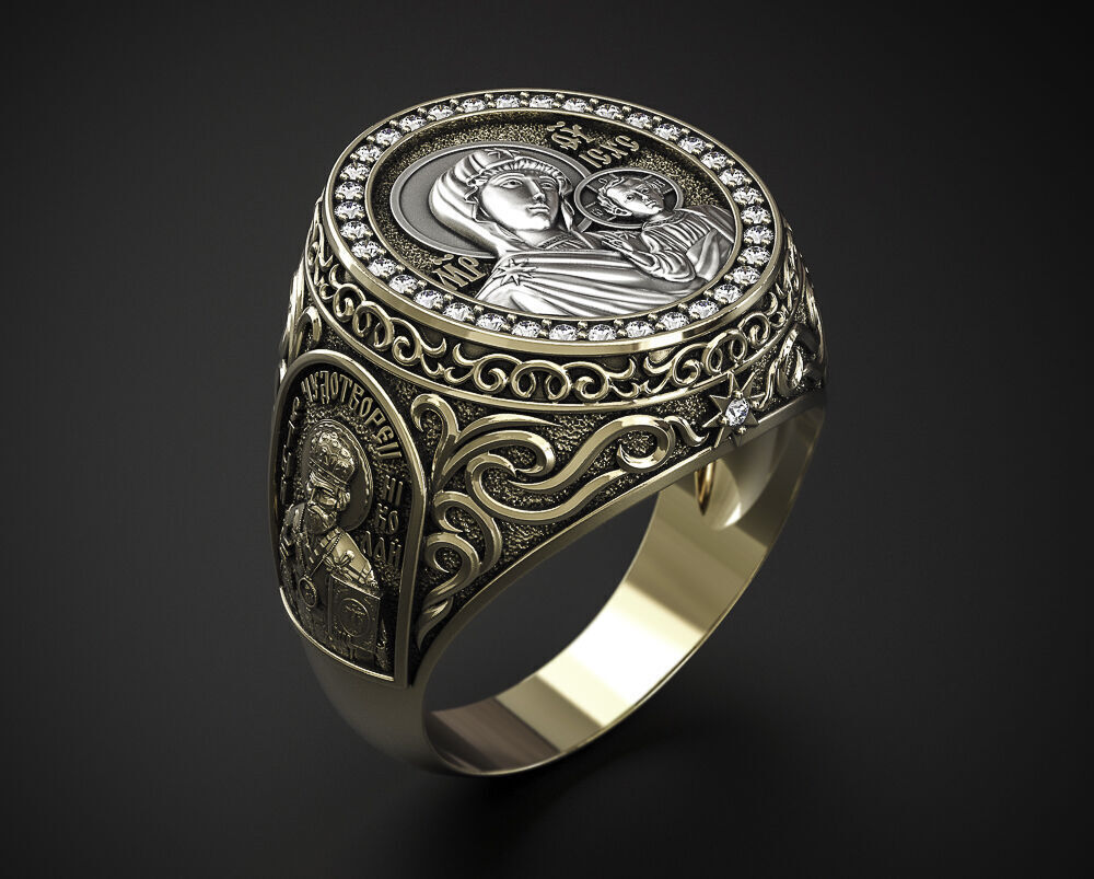 A MAN S RING WITH THE IMAGE OF THE VIRGIN 3D print model_1