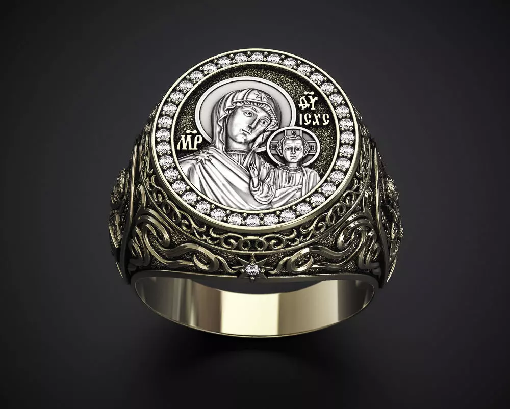A MAN S RING WITH THE IMAGE OF THE VIRGIN 3D print model_0
