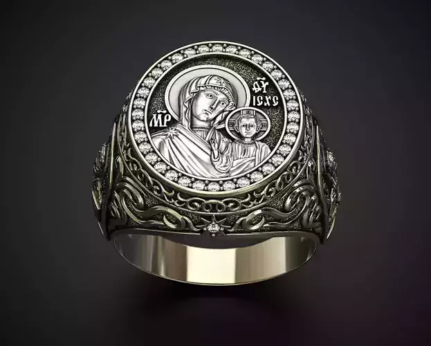 A MAN S RING WITH THE IMAGE OF THE VIRGIN