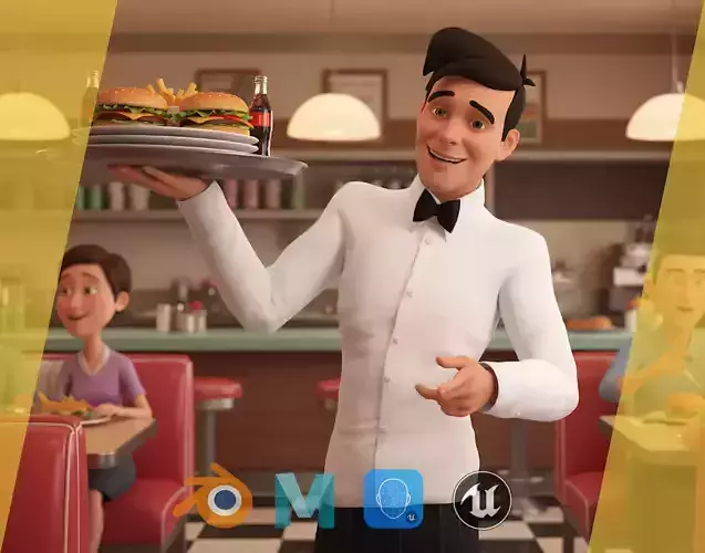 Cartoon Waiter Rigged Receptionist 3D Character Hospitality Low-poly 3D model