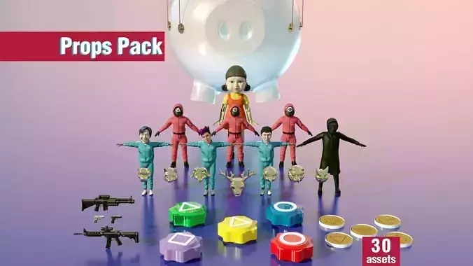 Squid Game Stylized Game Ready Characters and Props MegaPack Low-poly 3D model