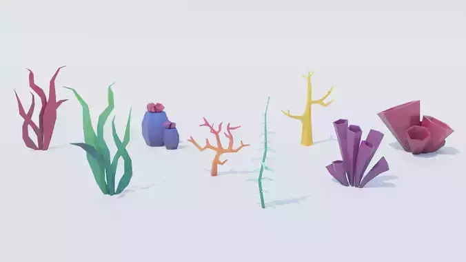 Pack of 8 Corals and Marine Plants Low-poly 3D model