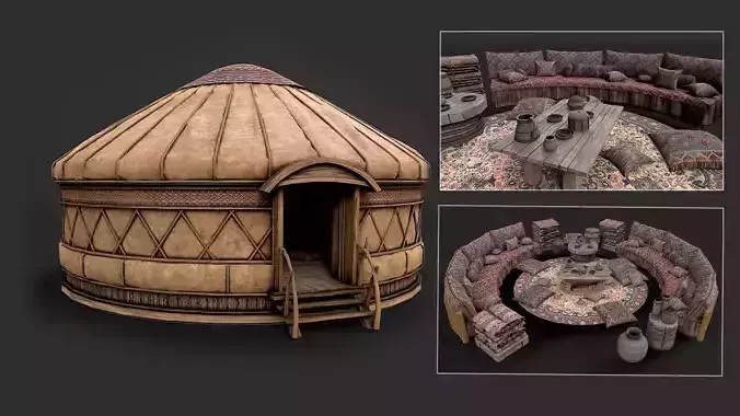 Mongolian Yurt and Interior 1 Low Poly PBR 