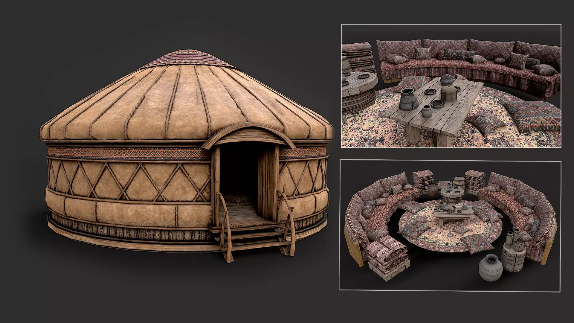 Mongolian Yurt and Interior 1 Low Poly PBR  Low-poly 3D model_0