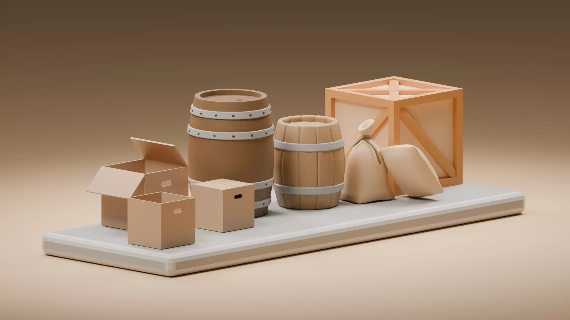 Barrel Crate and Cardboard Boxes Low Poly Low-poly 3D model_0