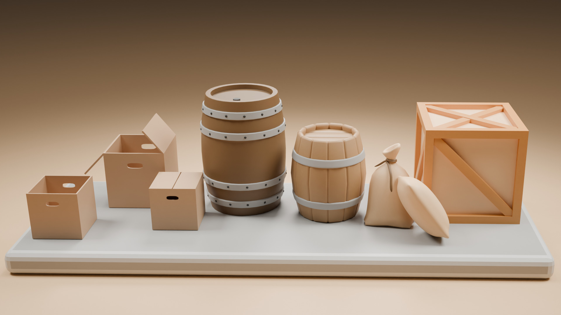 Barrel Crate and Cardboard Boxes Low Poly Low-poly 3D model_1