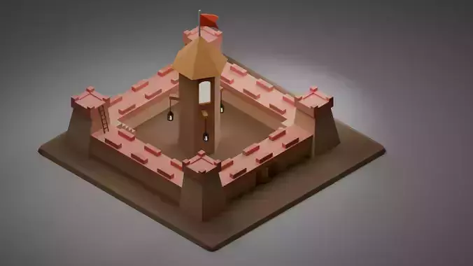 Medieval Castle with Stairs and Lights Low Poly