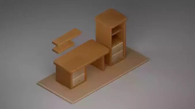Office Desk and Bookshelf Set Low Poly