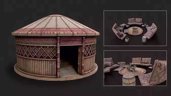 Mongolian Yurt and Interior 3 Low Poly PBR