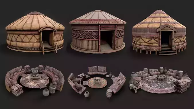 Mongolian Yurt and Interior Low Poly PBR Collection