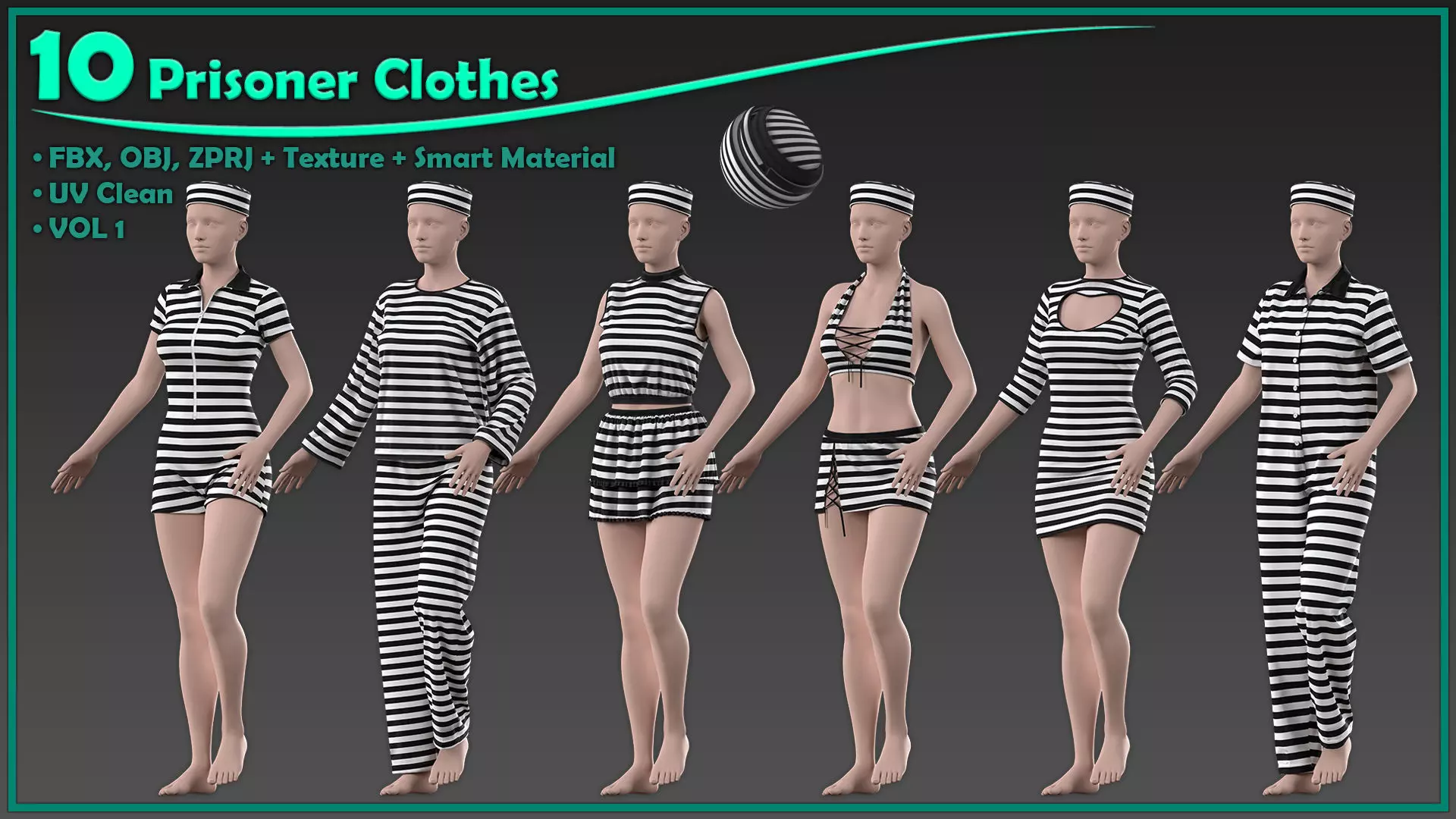 10 female prisoner clothes with texture and smart material Low-poly 3D model_0