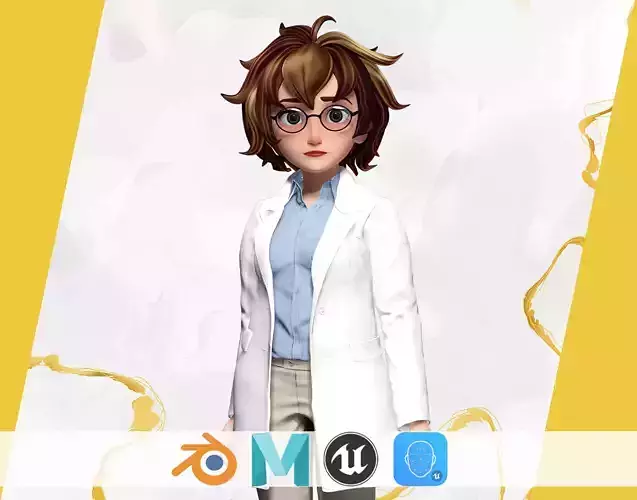 Stylized Cartoon Female Scientist or Teacher or Doctor Rigged Low-poly 3D model