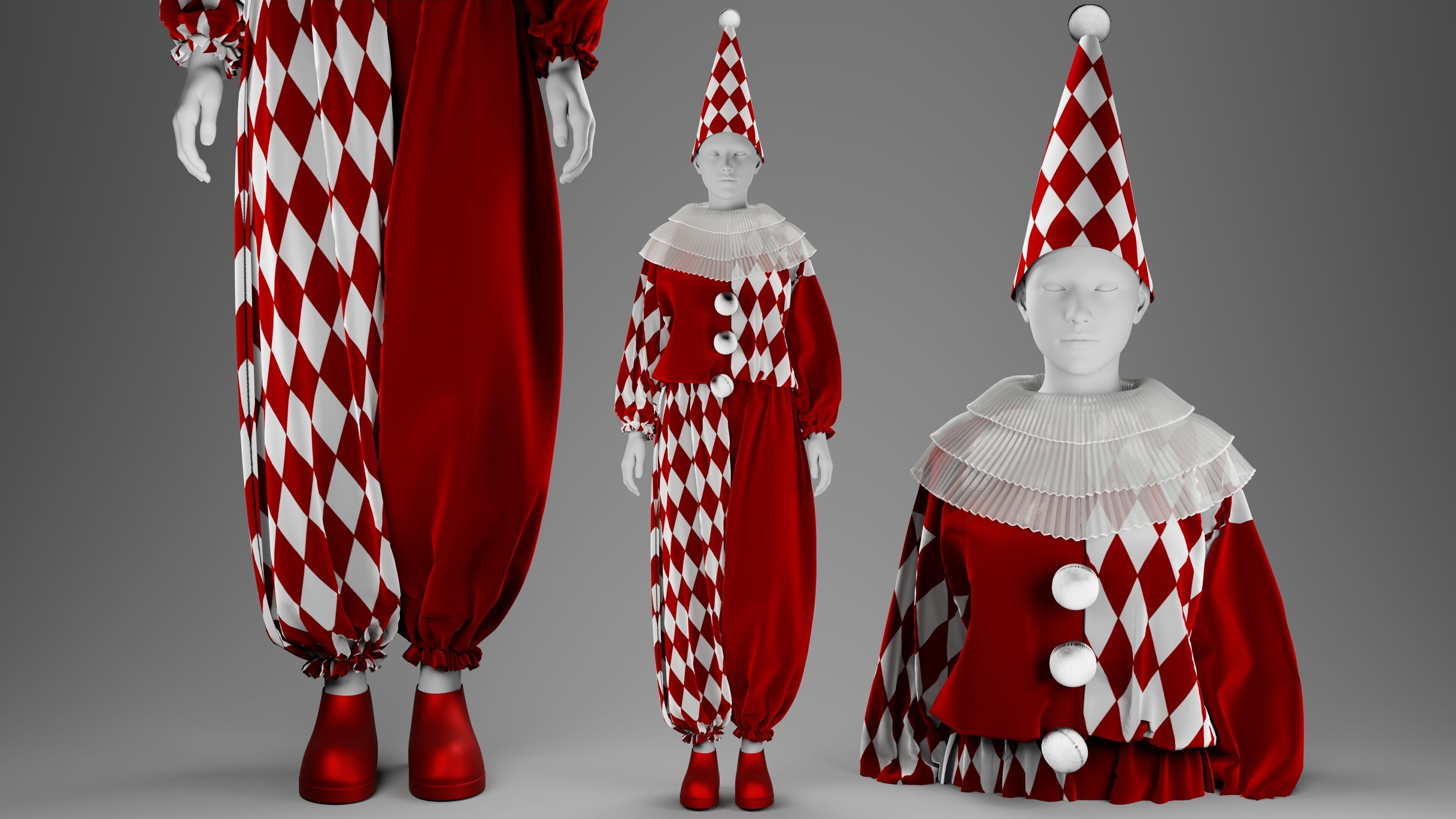 Black-White and Red-White Clown Costume Set 3D model_7