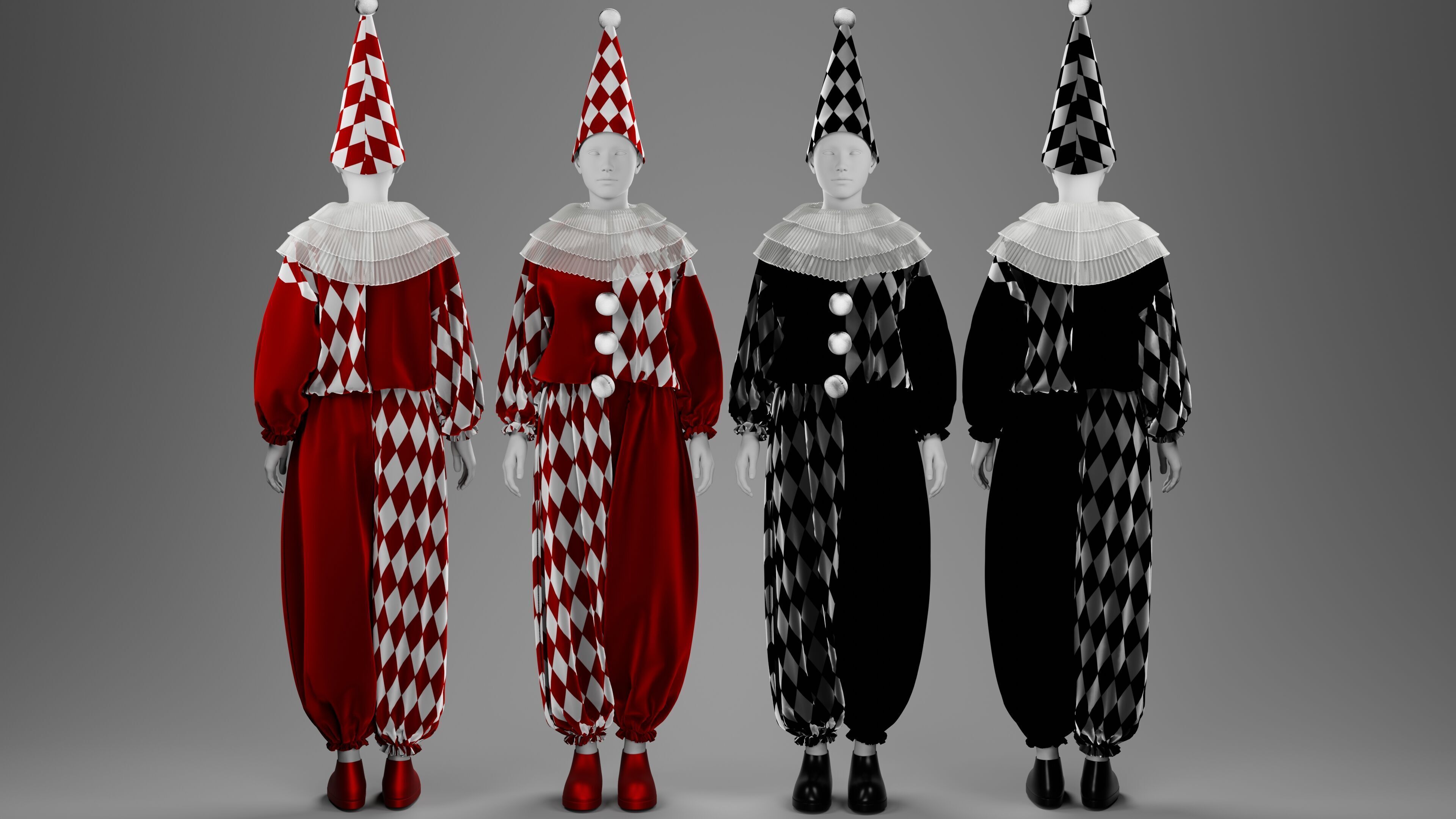 Black-White and Red-White Clown Costume Set 3D model_1