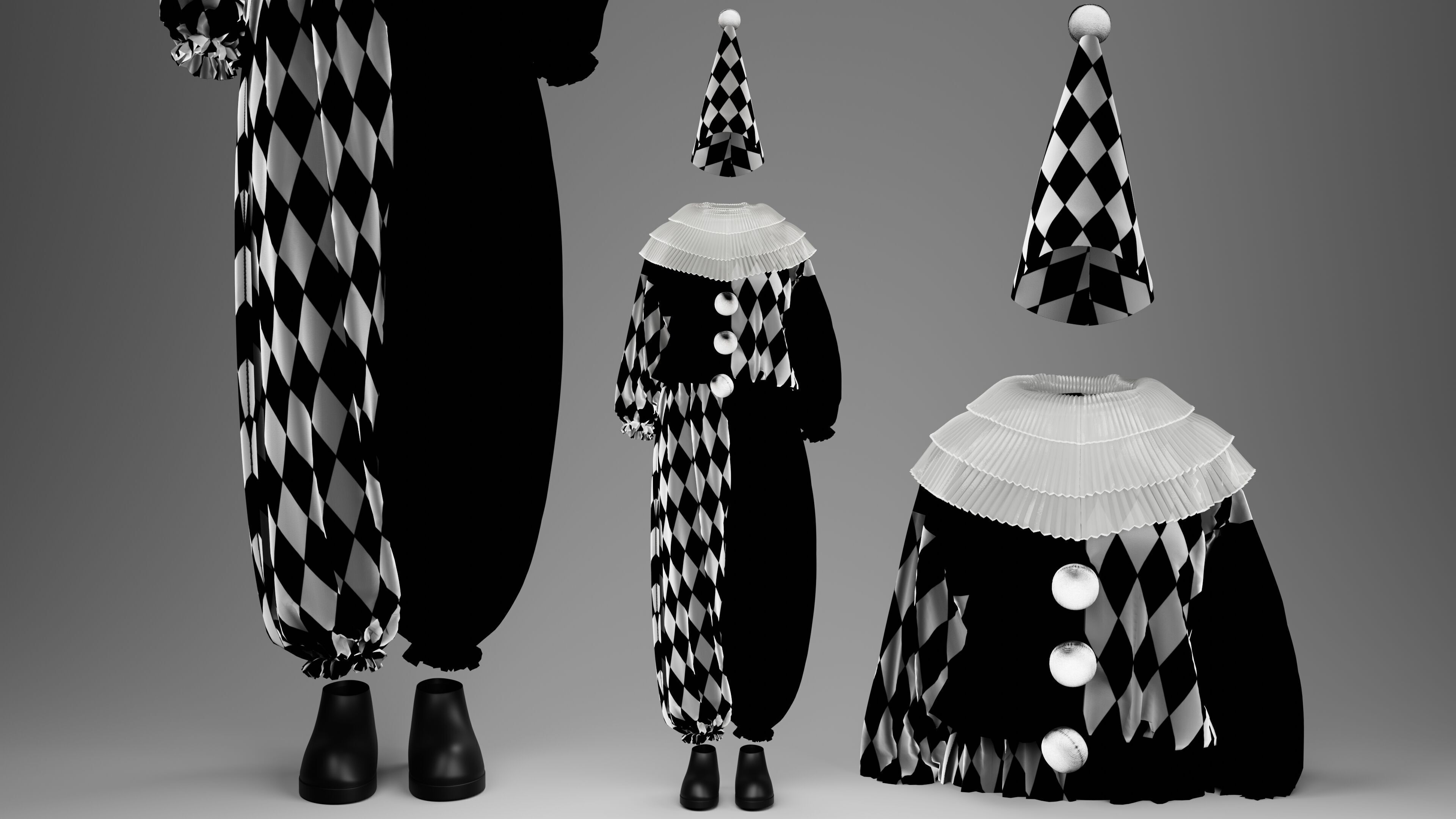 Black-White and Red-White Clown Costume Set 3D model_10
