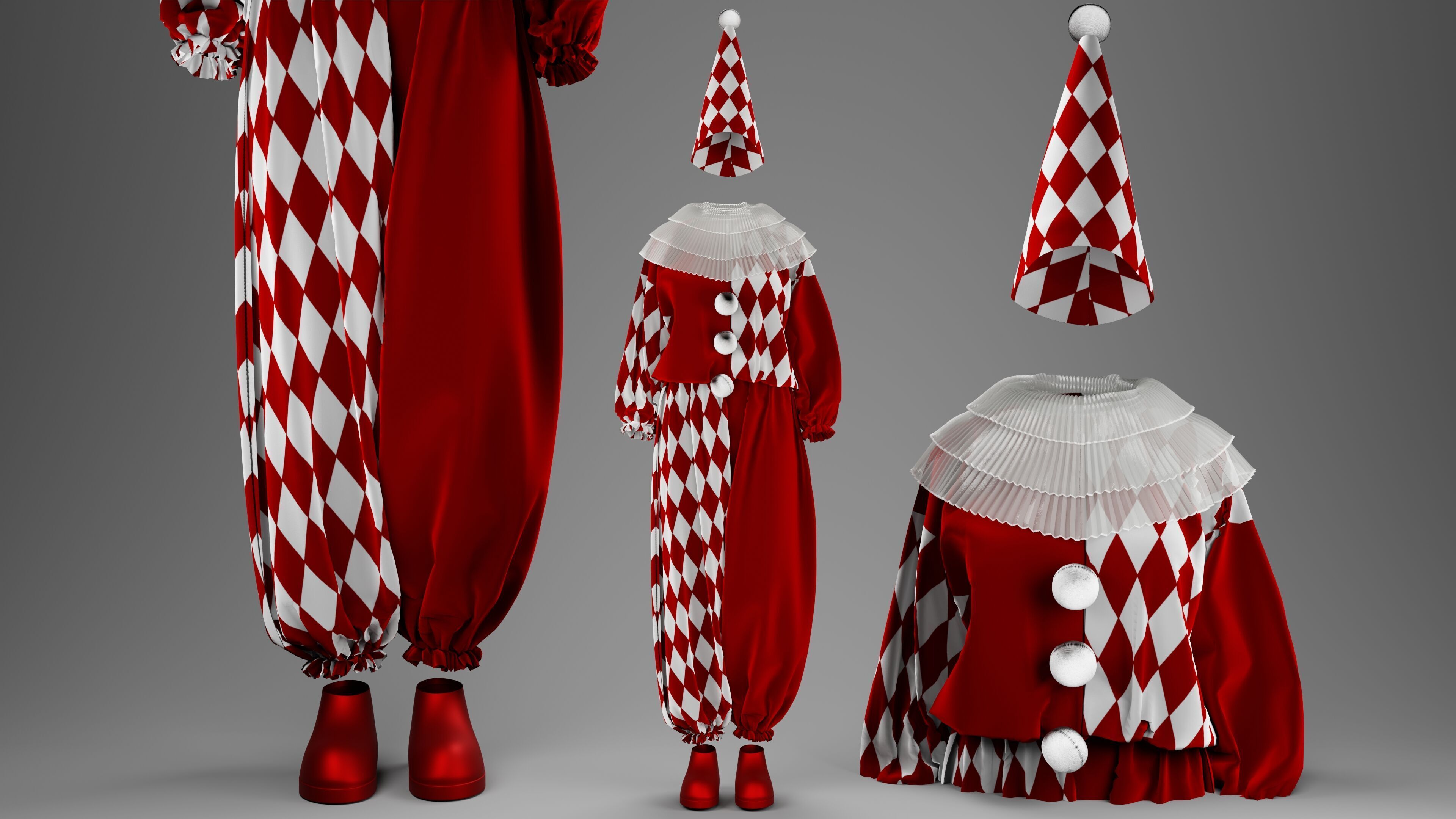 Black-White and Red-White Clown Costume Set 3D model_8