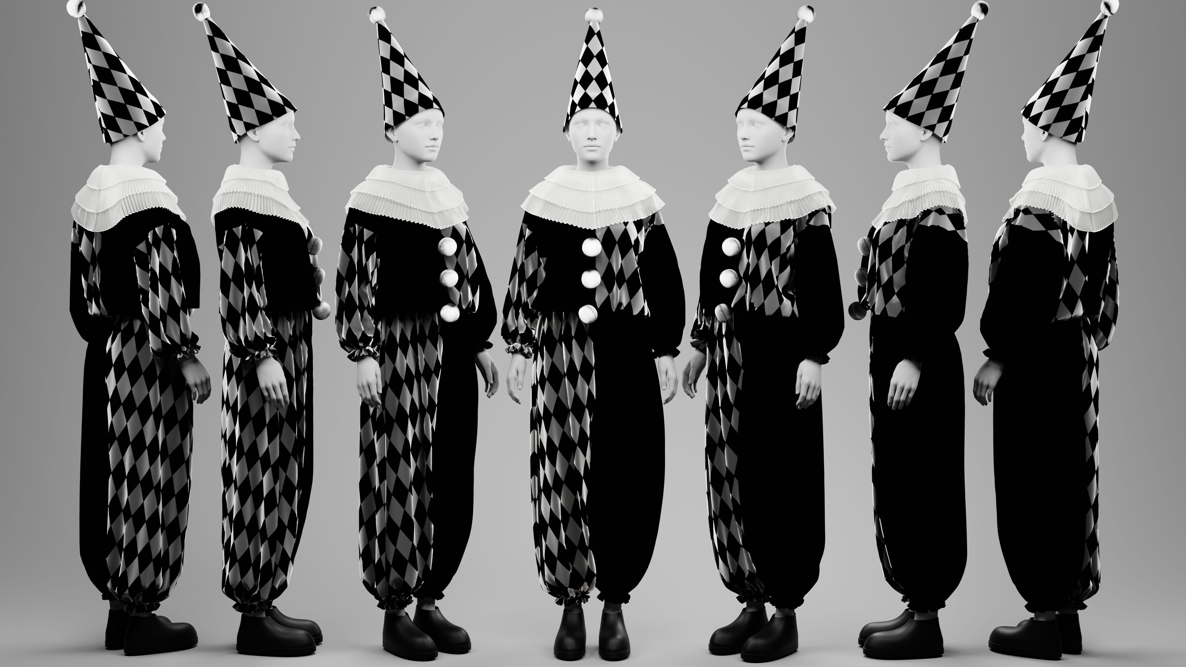 Black-White and Red-White Clown Costume Set 3D model_5