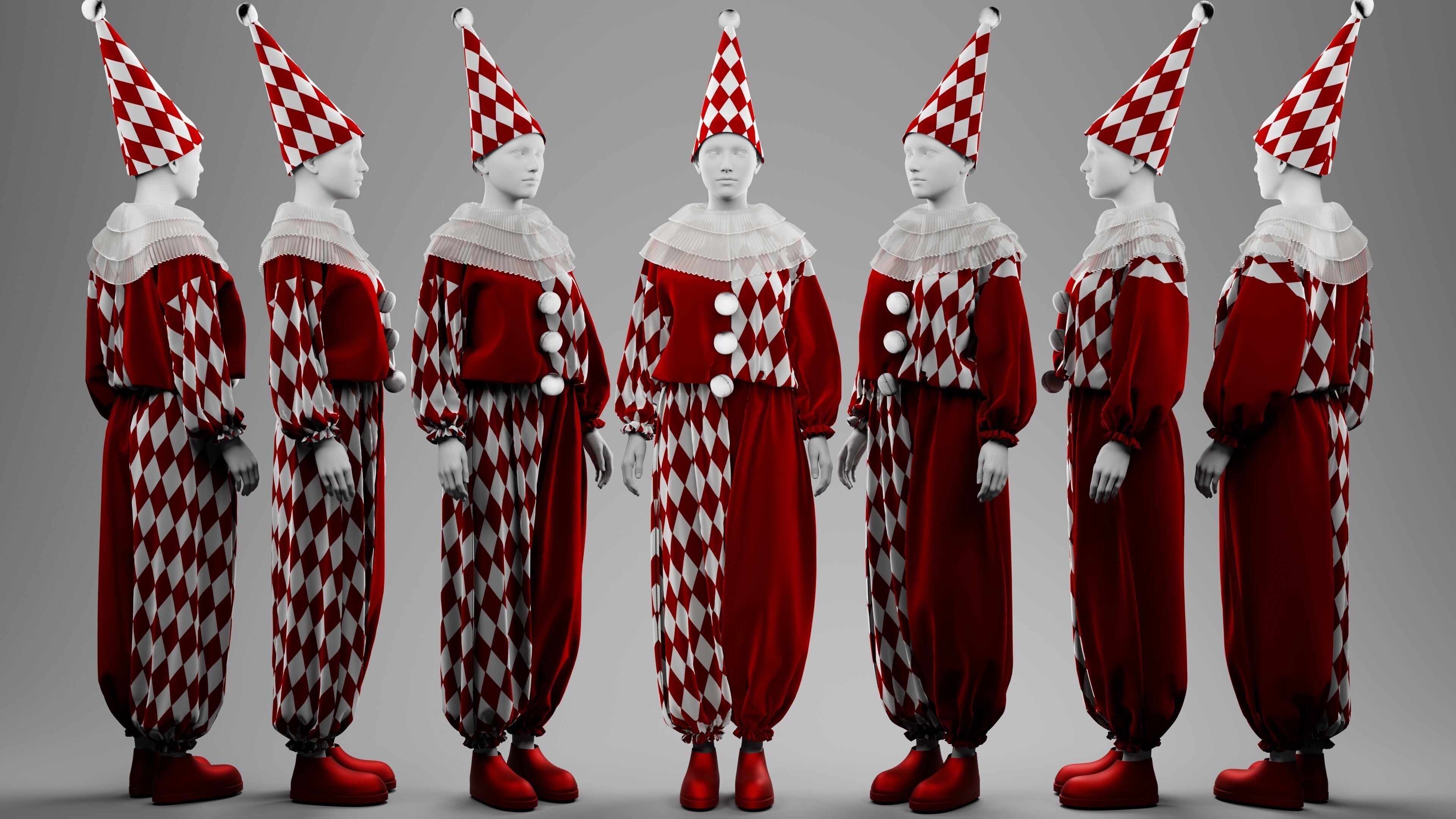 Black-White and Red-White Clown Costume Set 3D model_3