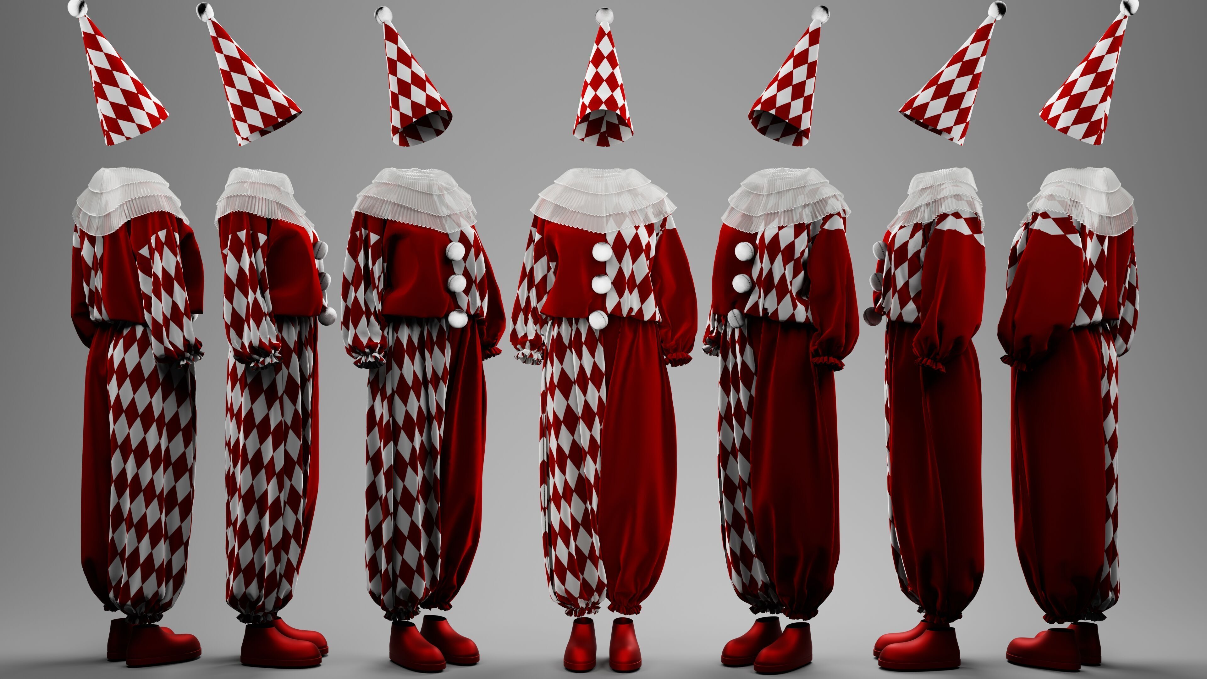 Black-White and Red-White Clown Costume Set 3D model_4