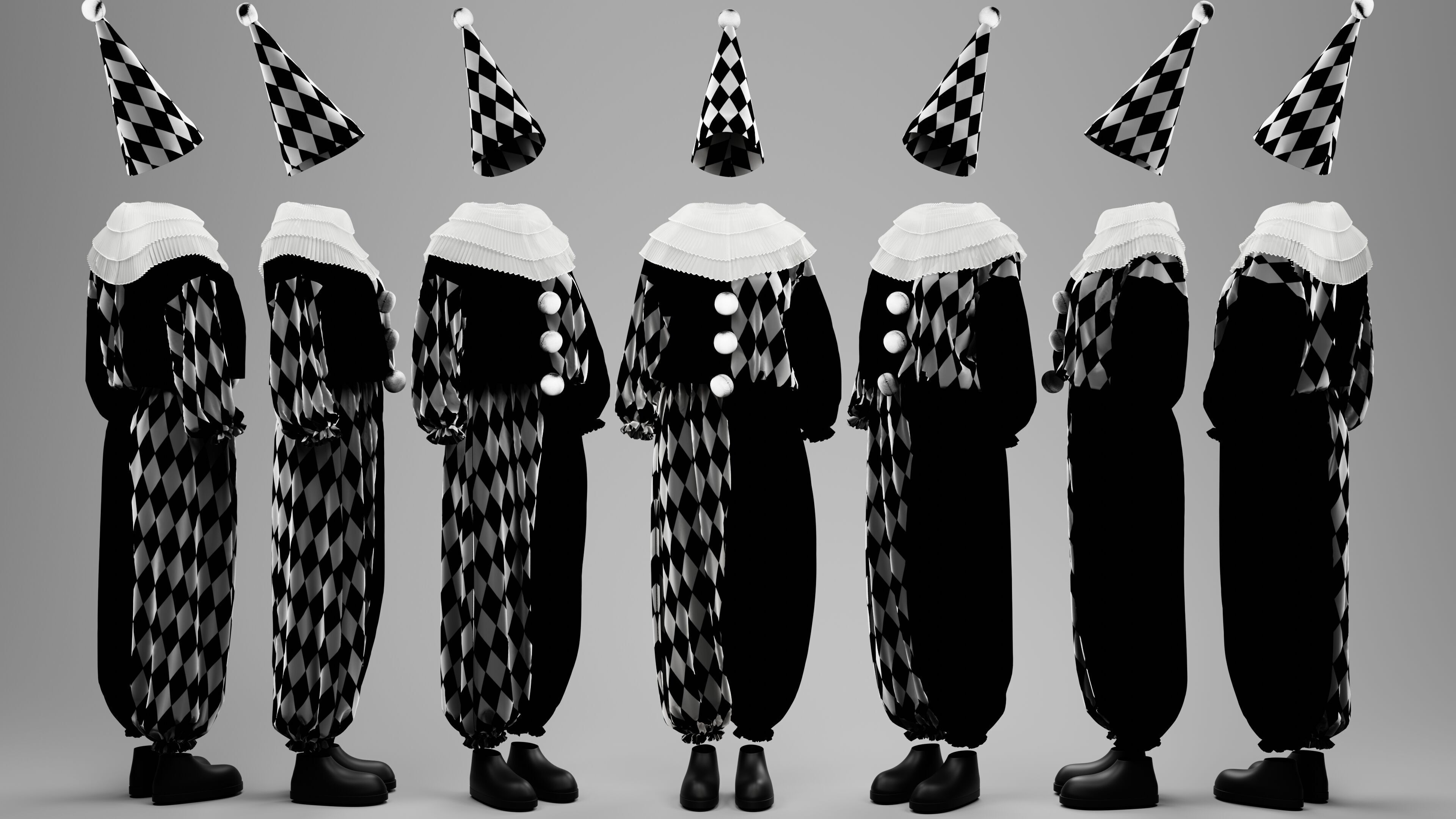 Black-White and Red-White Clown Costume Set 3D model_6