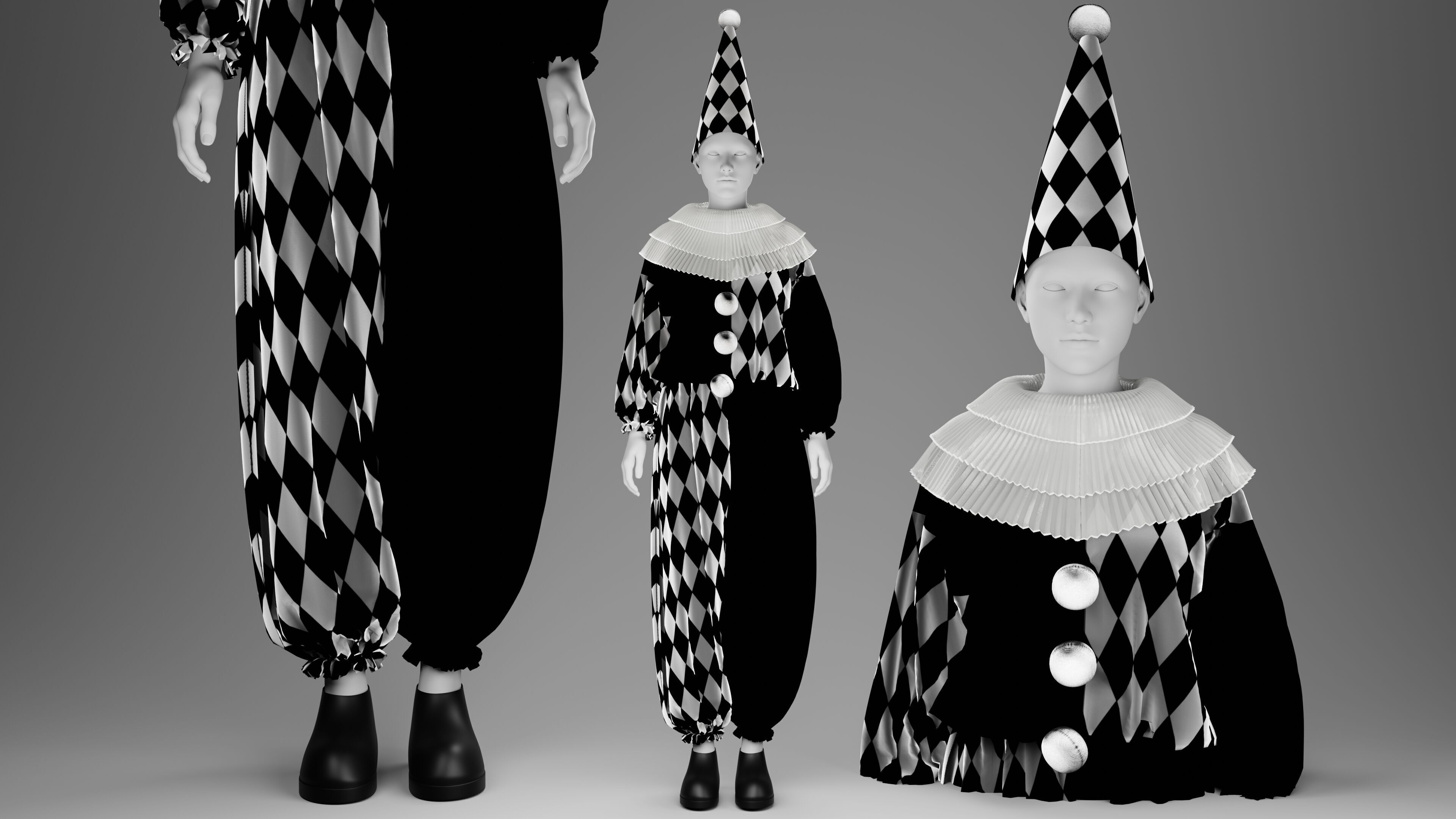 Black-White and Red-White Clown Costume Set 3D model_9