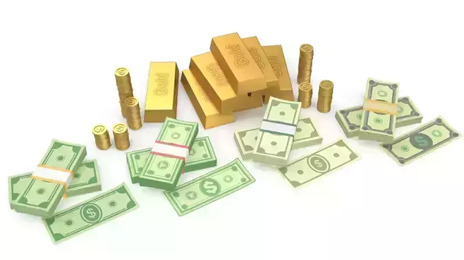 Cash coins and gold bars 3D model