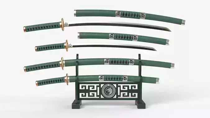 Green Double Bladed Katana Wakizashi and Stand 3D model