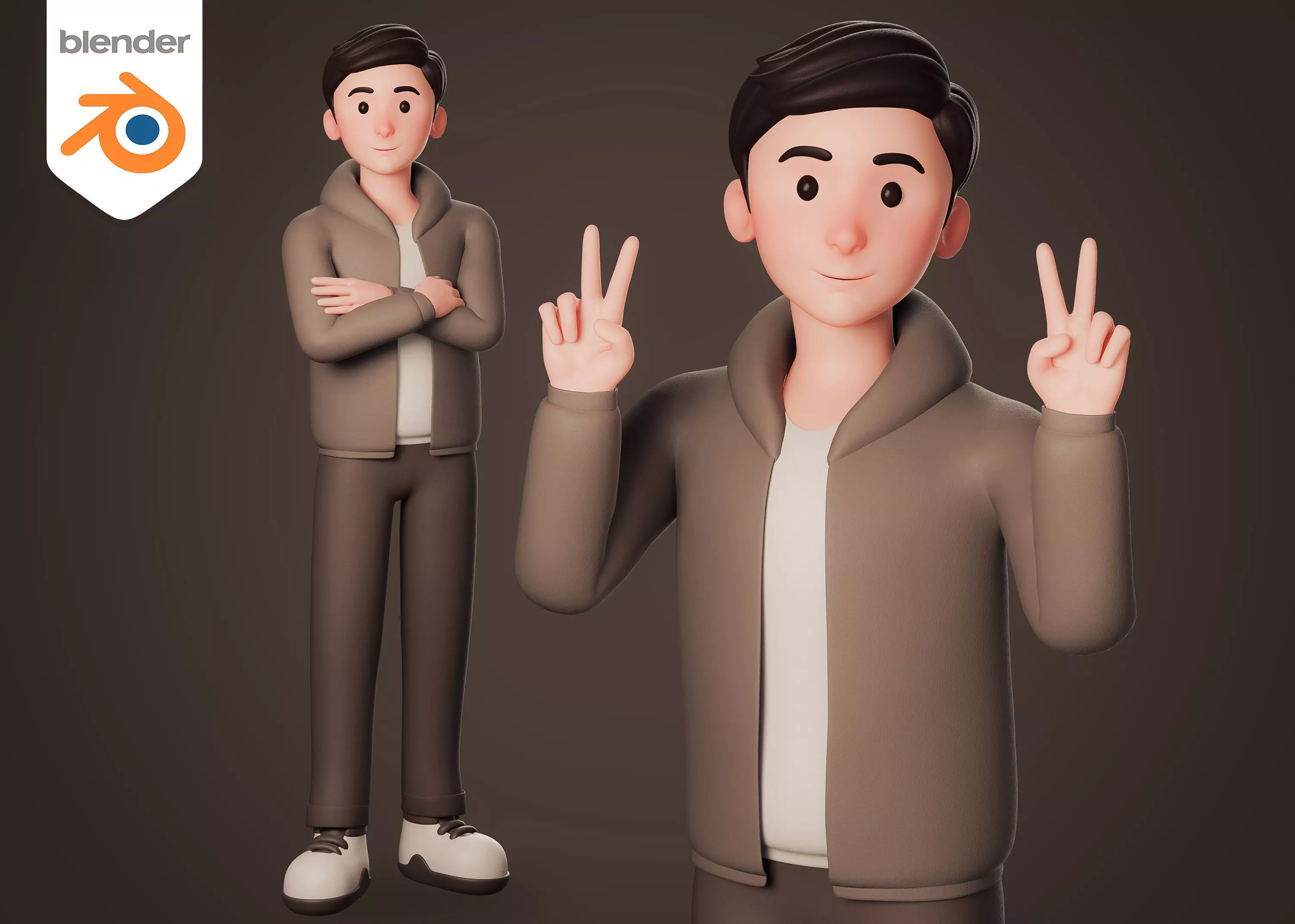 Casual Cartoon man in brown dressed - Rigged 3D model_0