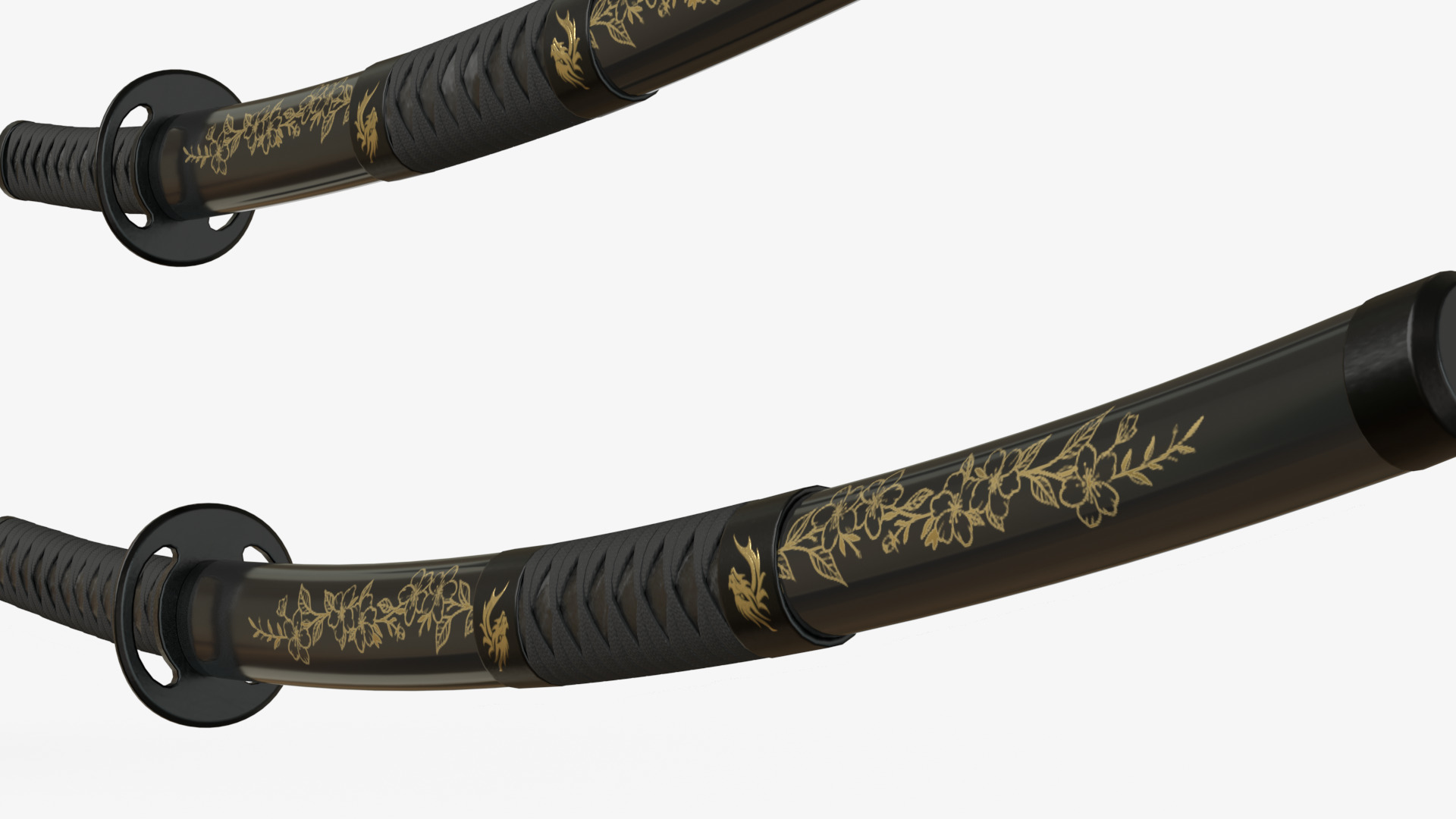 Black Double Bladed Katana Wakizashi and Stand 3D model_6