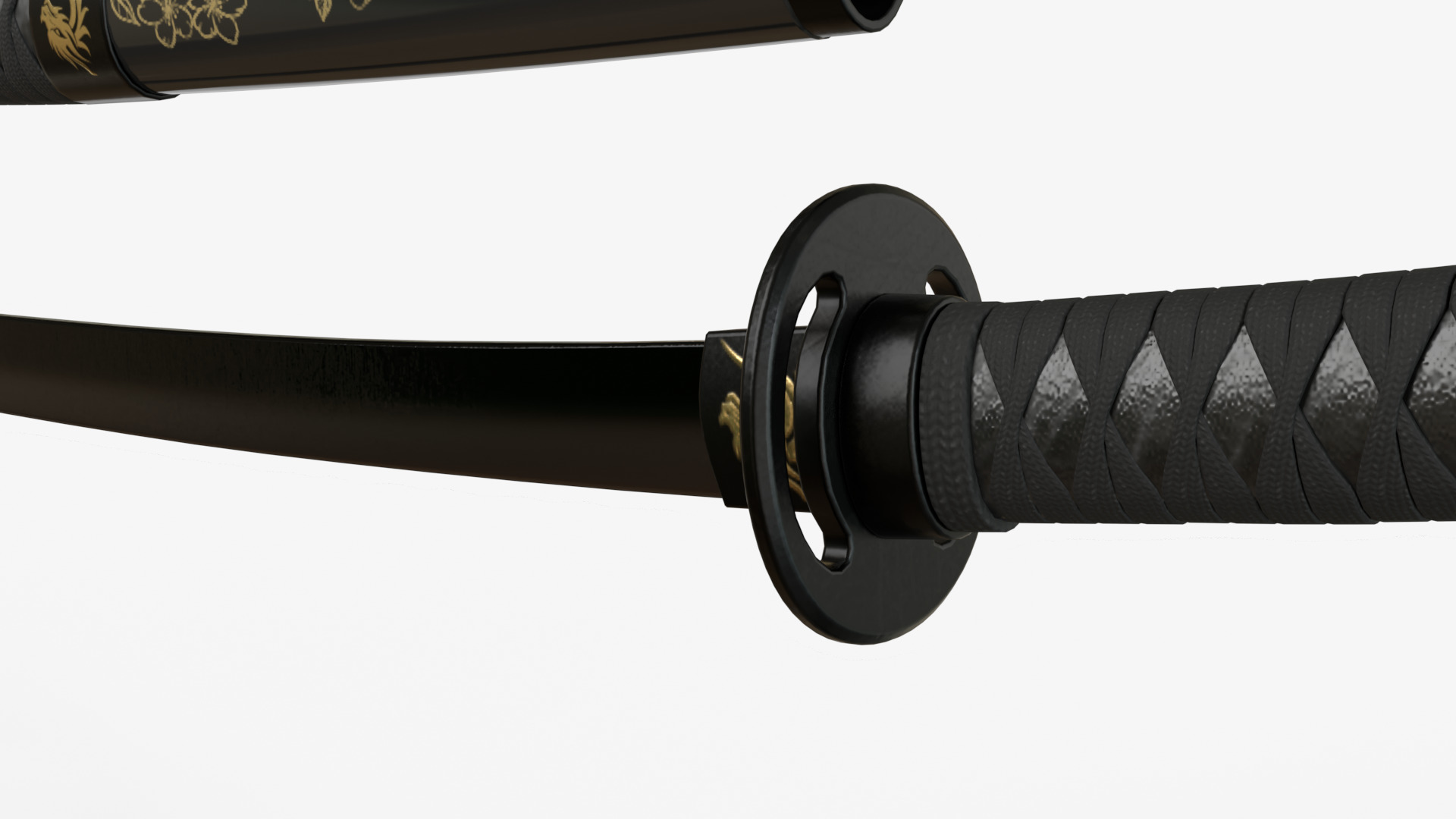 Black Double Bladed Katana Wakizashi and Stand 3D model_9