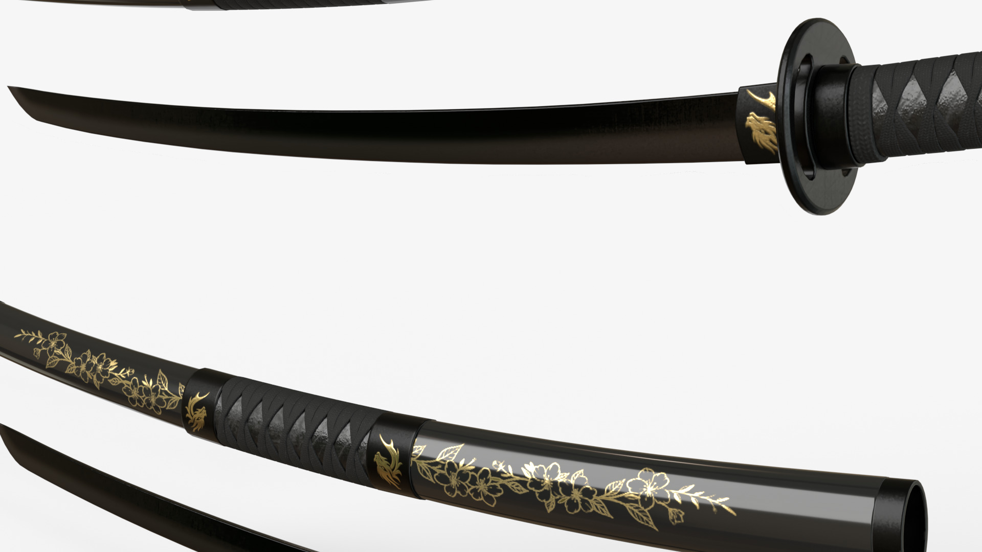 Black Double Bladed Katana Wakizashi and Stand 3D model_7