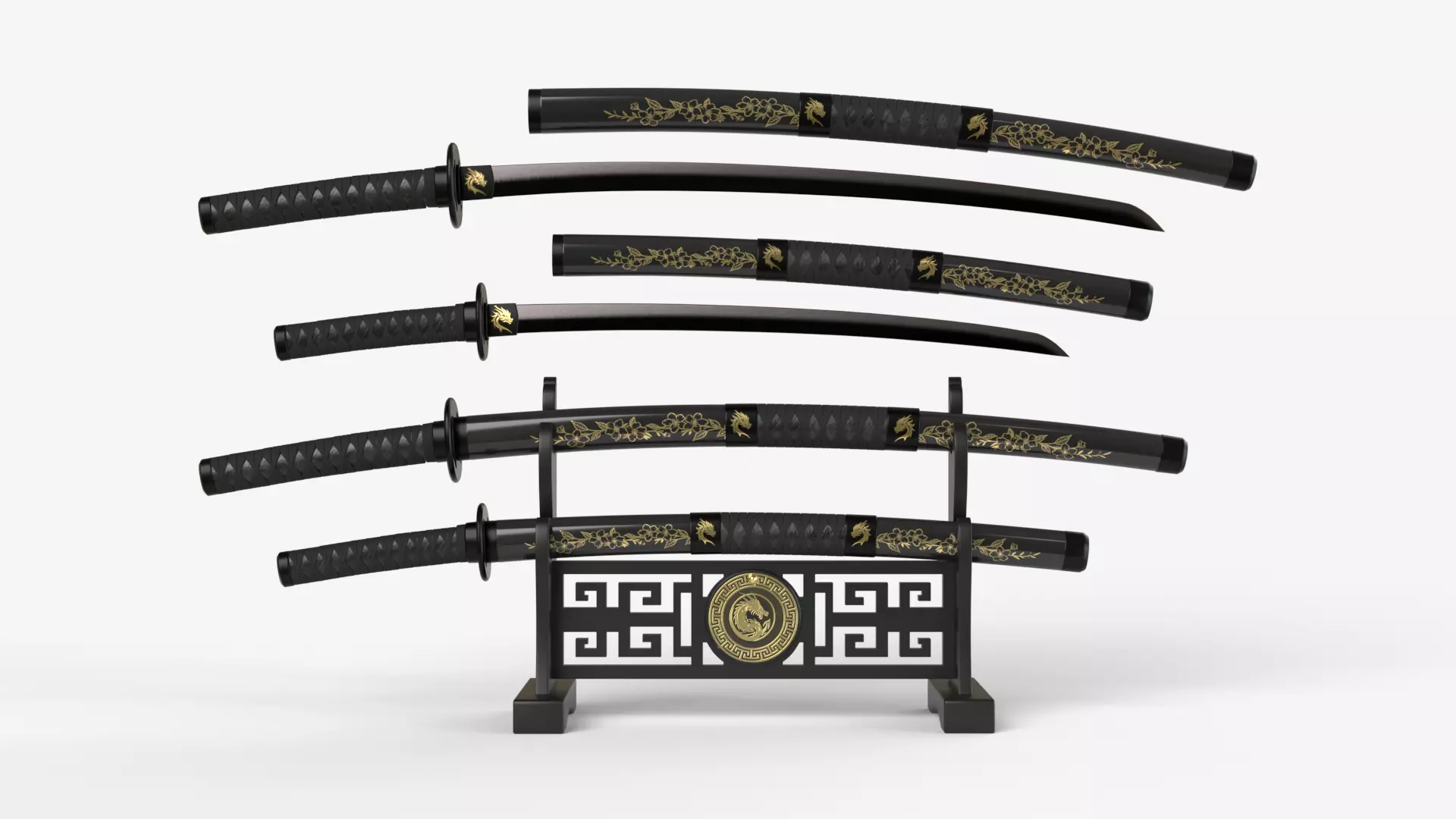 Black Double Bladed Katana Wakizashi and Stand 3D model_0