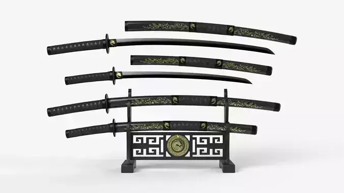 Black Double Bladed Katana Wakizashi and Stand 3D model Black Double Bladed Katana Wakizashi and Stand 3D model