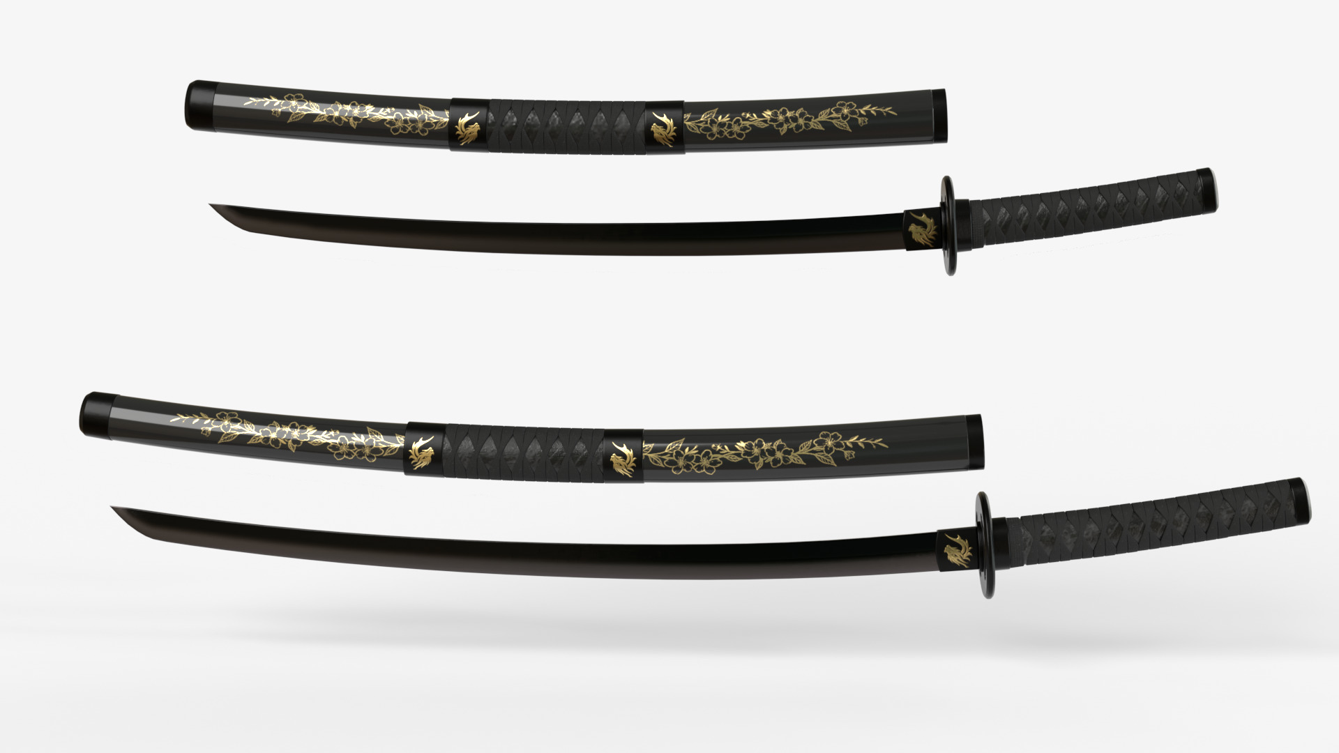 Black Double Bladed Katana Wakizashi and Stand 3D model_3