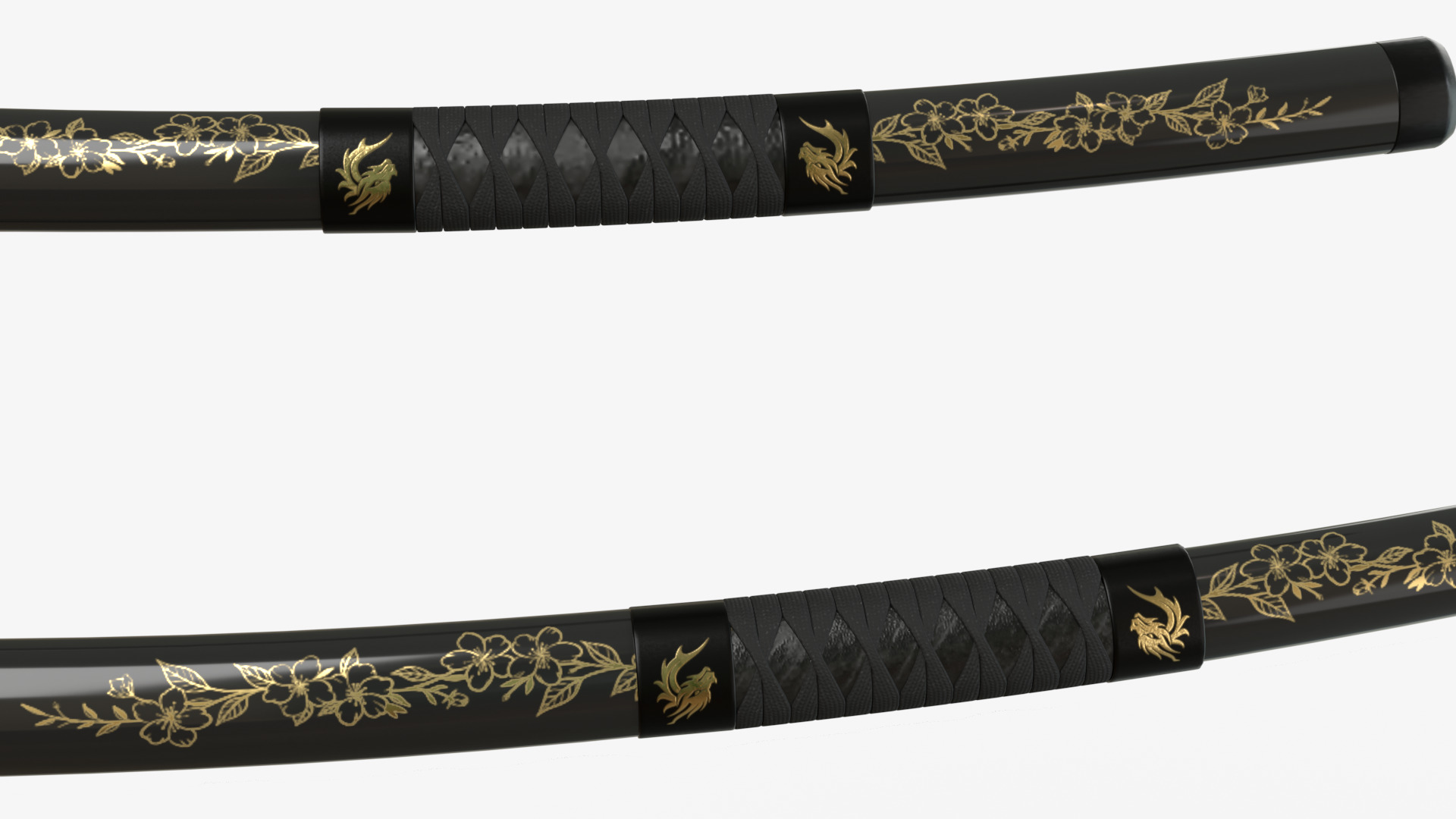 Black Double Bladed Katana Wakizashi and Stand 3D model_5