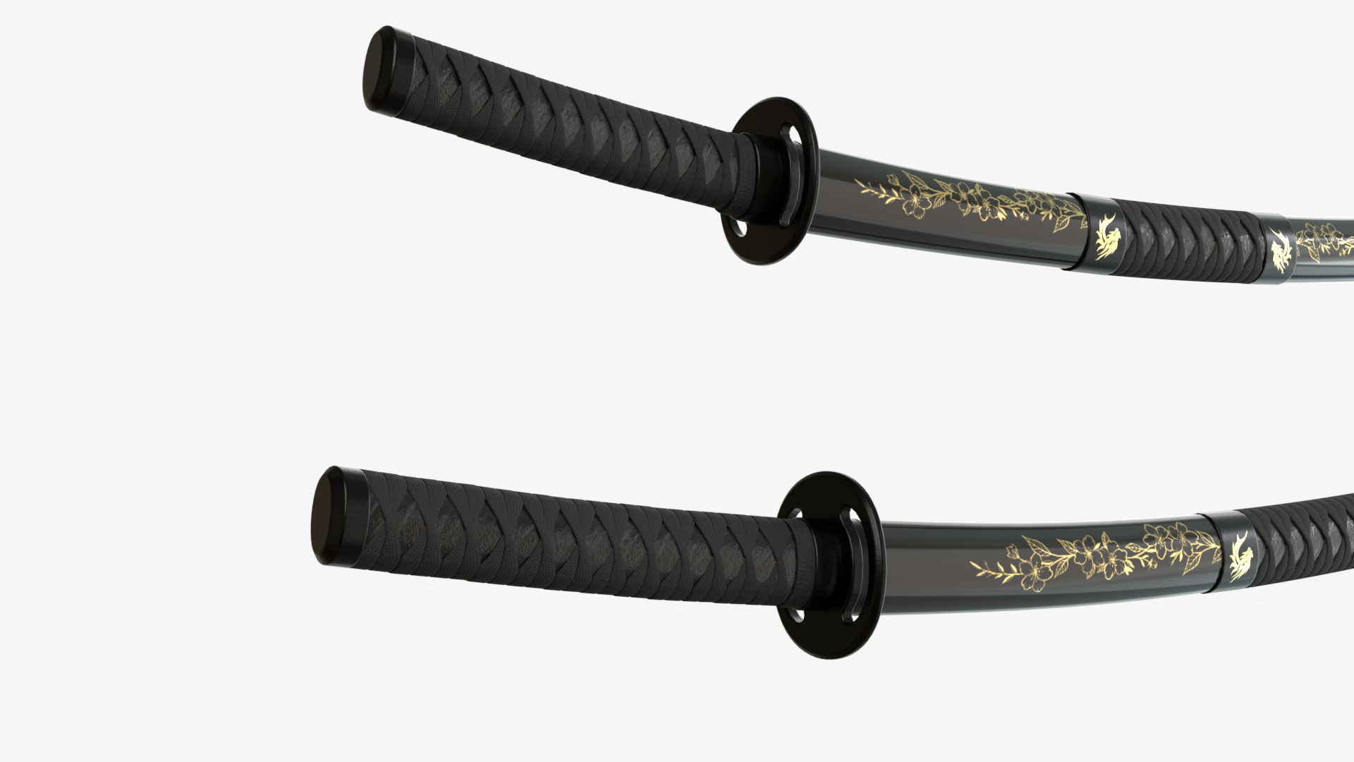Black Double Bladed Katana Wakizashi and Stand 3D model_4