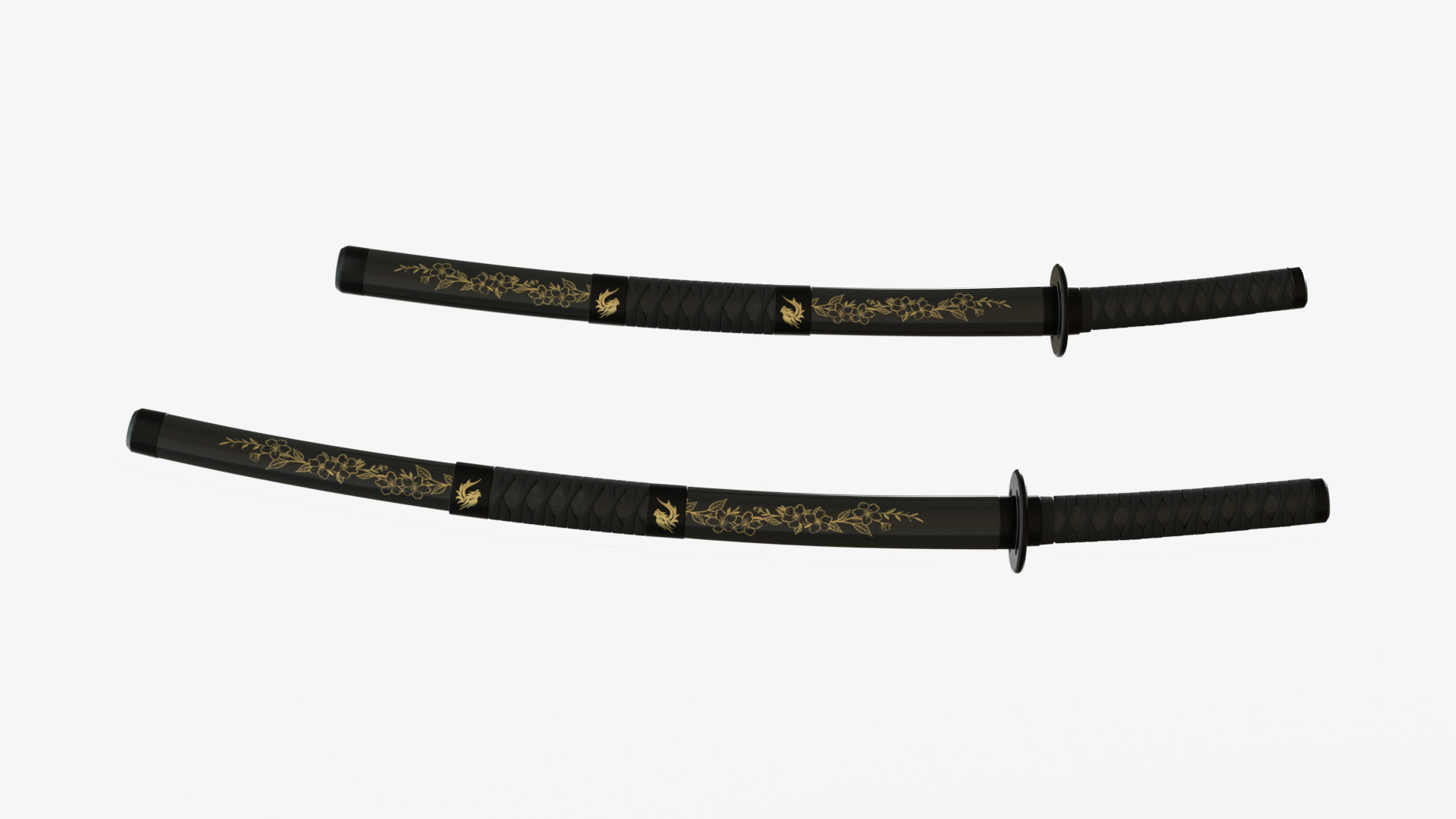 Black Double Bladed Katana Wakizashi and Stand 3D model_2
