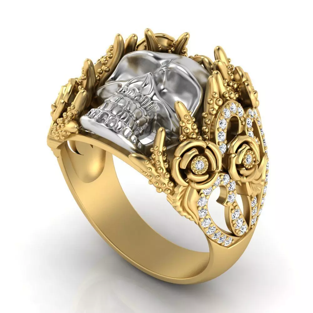 Floral Skull Signet Gold Biker Ring Gothic Statement Skull Ring 3D print model