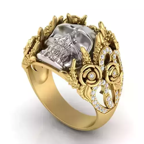 Floral Skull Signet Gold Biker Ring Gothic Statement Skull Ring 3D print model