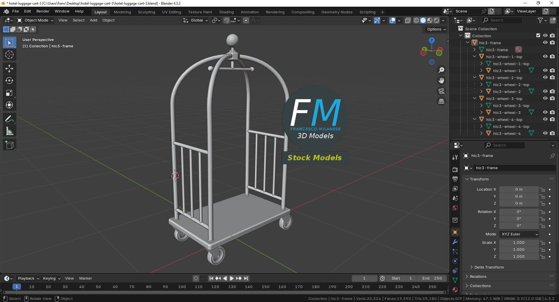 Hotel luggage cart 3 3D model_9