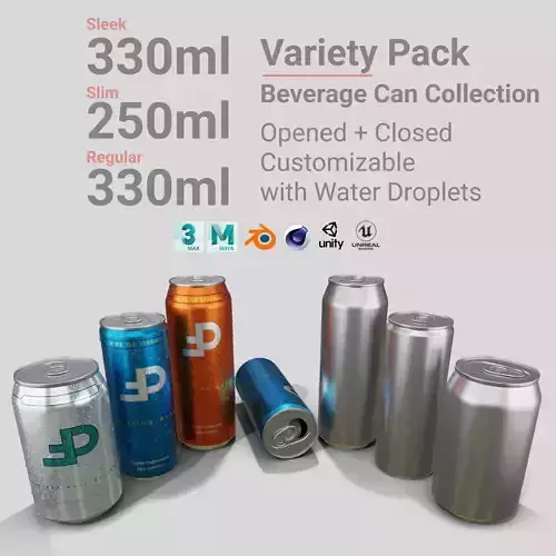 Variety Beverage Cans Pack - Water Droplets Open and Closed Tabs 3D Model Collection