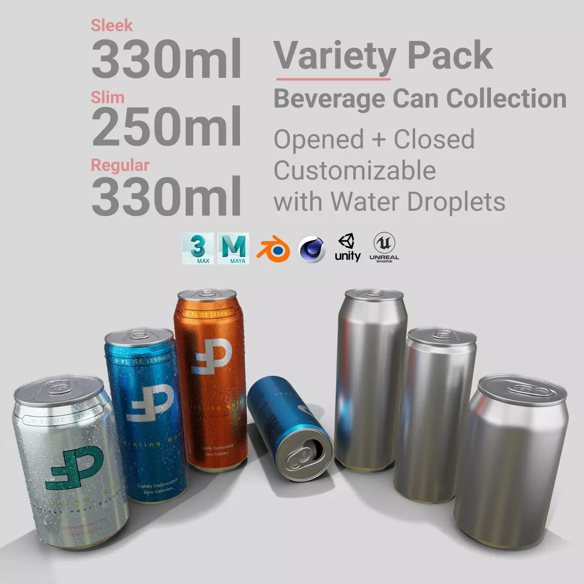 Variety Beverage Cans Pack - Water Droplets Open and Closed Tabs 3D Model Collection_0