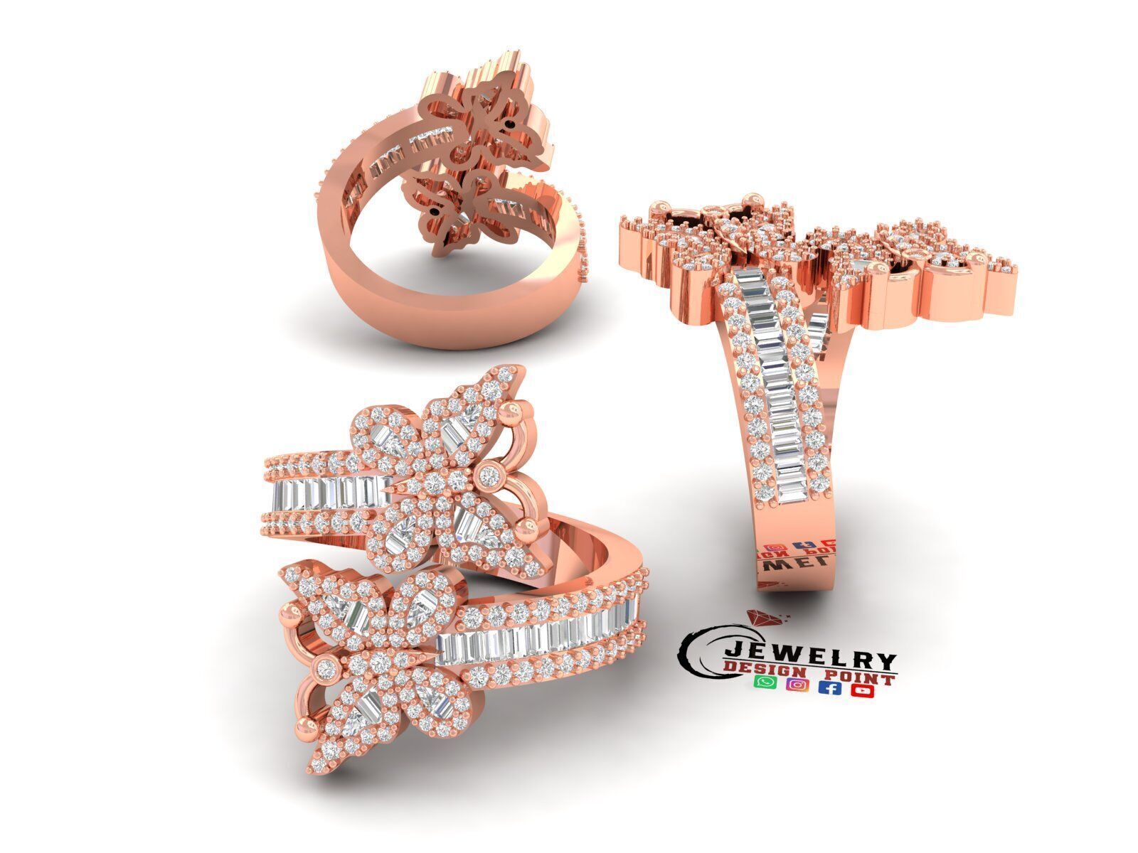 Custom Butterfly Shape Cluster Diamond Ring - Butterfly Ring 3D print model_3