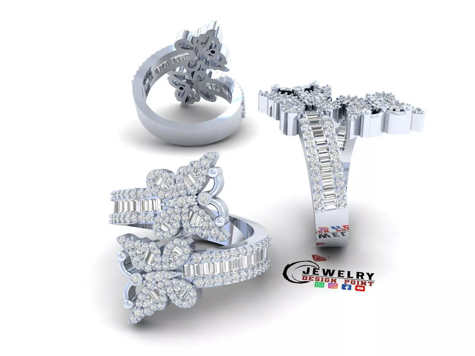 Custom Butterfly Shape Cluster Diamond Ring - Butterfly Ring 3D print model_0
