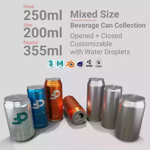 Mixed Beverage Cans Pack - Water Droplets Open and Closed Tabs 3D Model Collection