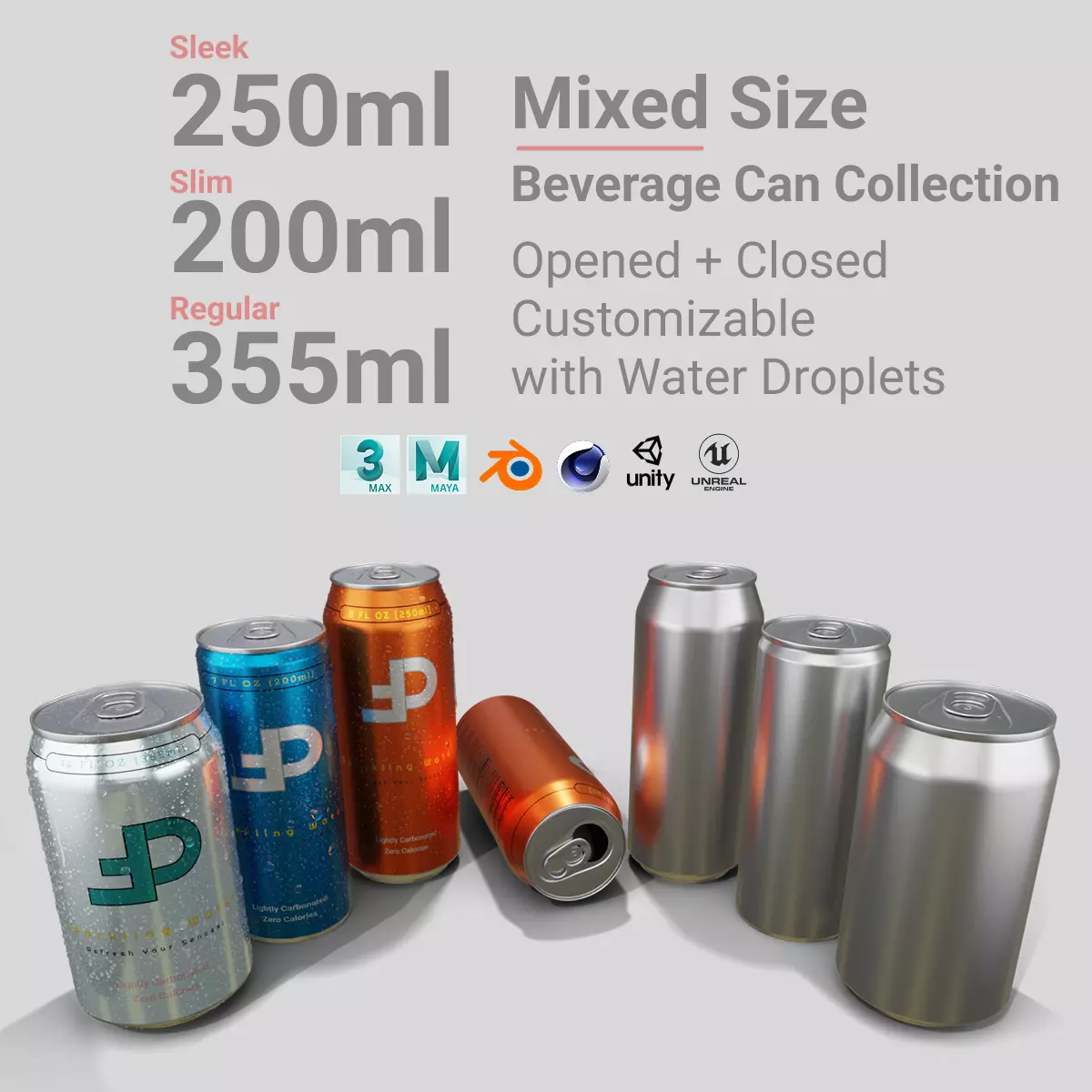 Mixed Beverage Cans Pack - Water Droplets Open and Closed Tabs 3D Model Collection_0