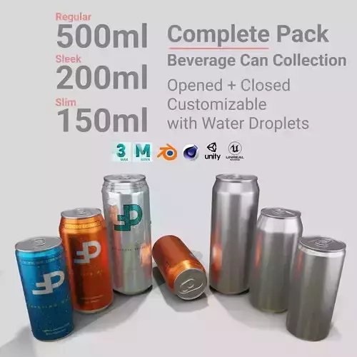 Complete Beverage Cans Pack Water Droplets Open and Closed Tabs 3D Model Collection